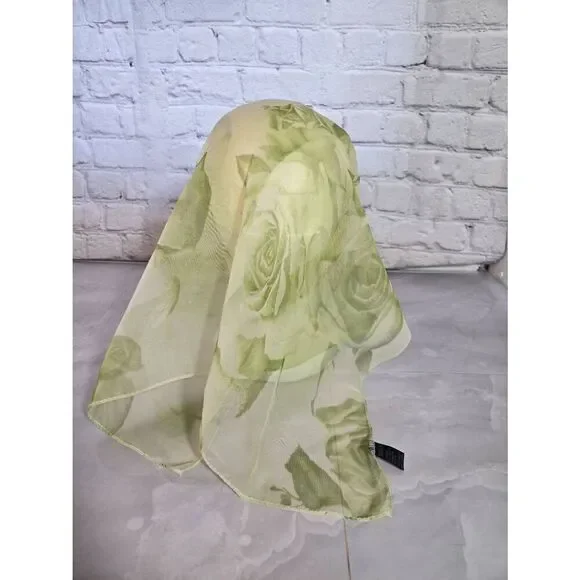 Womens Green Floral Sheer Square Neck Or Head Scarf - Picture 4 of 5